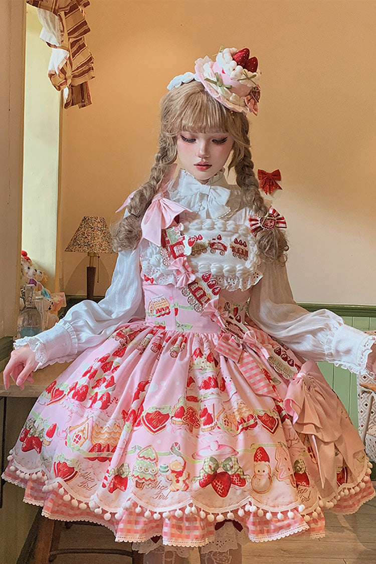 Sweet Lolita JSK - Mint Strawberry Dessert Print, 4 Colors, Ruffled, Printed, Bow Detail - additional product view 15