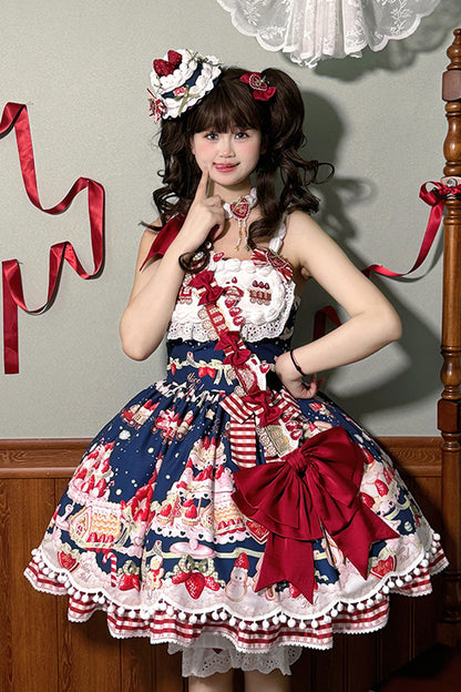 Sweet Lolita JSK - Mint Strawberry Dessert Print, 4 Colors, Ruffled, Printed, Bow Detail - additional product view 16