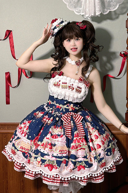 Sweet Lolita JSK - Mint Strawberry Dessert Print, 4 Colors, Ruffled, Printed, Bow Detail - additional product view 17
