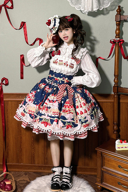 Sweet Lolita JSK - Mint Strawberry Dessert Print, 4 Colors, Ruffled, Printed, Bow Detail - additional product view 19