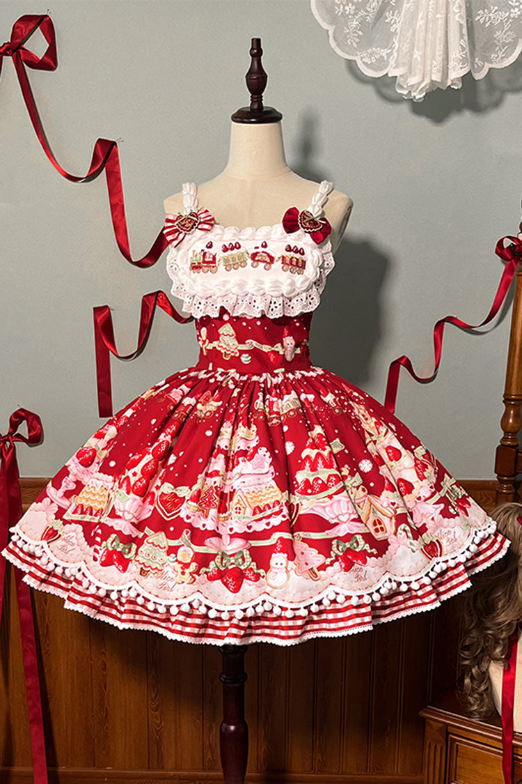 Sweet Lolita JSK - Mint Strawberry Dessert Print, 4 Colors, Ruffled, Printed, Bow Detail - additional product view 20