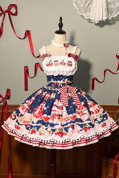 Sweet Lolita JSK - Mint Strawberry Dessert Print, 4 Colors, Ruffled, Printed, Bow Detail - additional product view 22