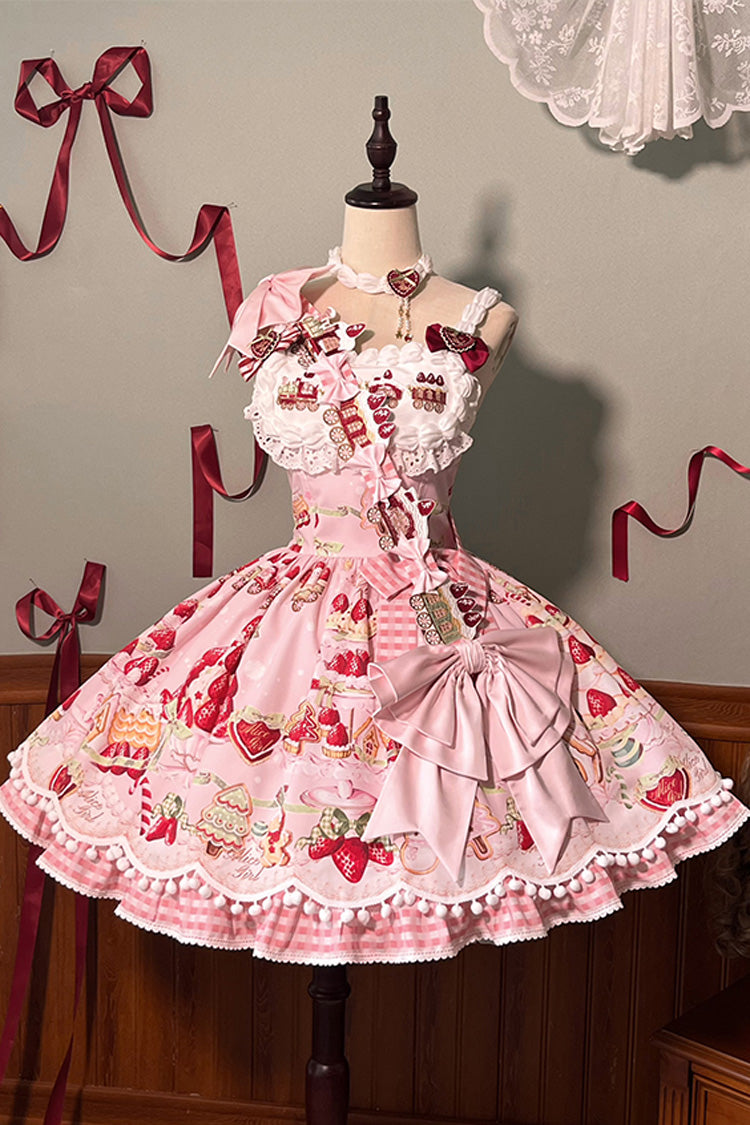 Sweet Lolita JSK - Mint Strawberry Dessert Print, 4 Colors, Ruffled, Printed, Bow Detail - additional product view 24
