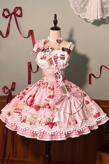 Sweet Lolita JSK - Mint Strawberry Dessert Print, 4 Colors, Ruffled, Printed, Bow Detail - additional product view 24