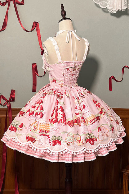 Sweet Lolita JSK - Mint Strawberry Dessert Print, 4 Colors, Ruffled, Printed, Bow Detail - additional product view 25