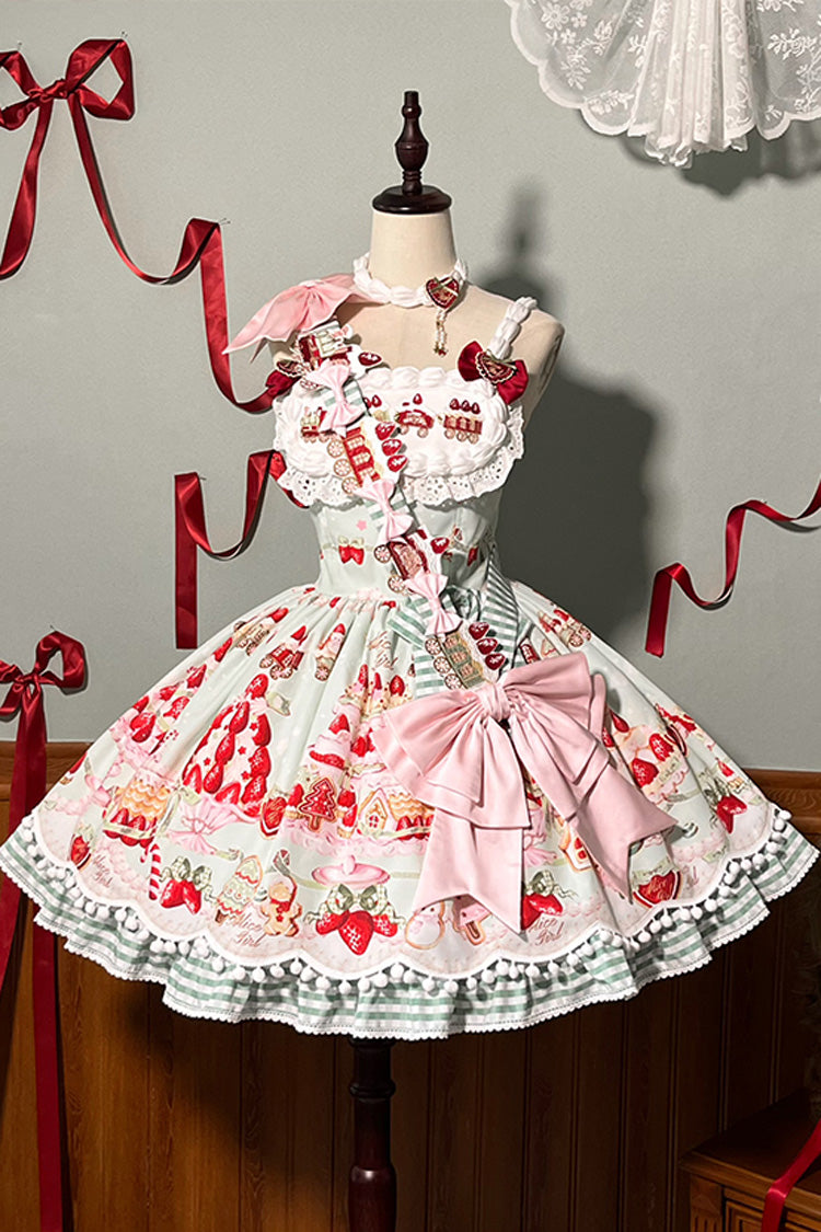 Sweet Lolita JSK - Mint Strawberry Dessert Print, 4 Colors, Ruffled, Printed, Bow Detail - additional product view 26