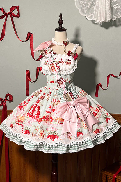 Sweet Lolita JSK - Mint Strawberry Dessert Print, 4 Colors, Ruffled, Printed, Bow Detail - additional product view 26