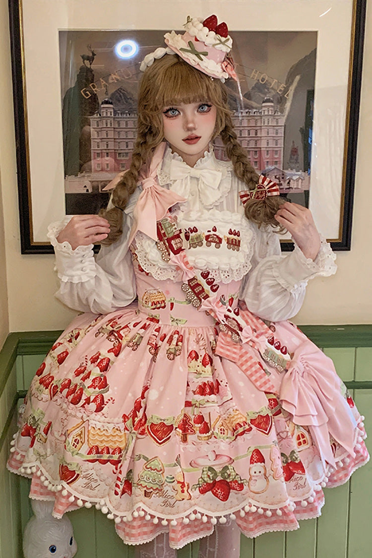 Sweet Lolita JSK - Mint Strawberry Dessert Print, 4 Colors, Ruffled, Printed, Bow Detail - main product image