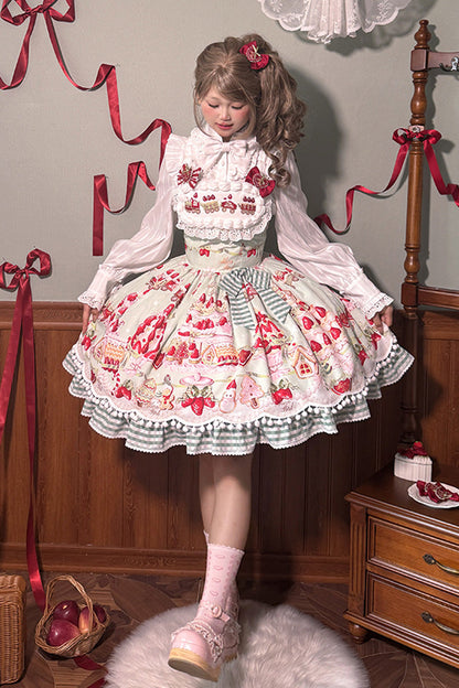 Sweet Lolita JSK - Mint Strawberry Dessert Print, 4 Colors, Ruffled, Printed, Bow Detail - XS Green / S Green / M Green option