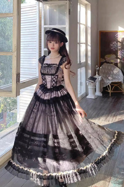 Sweet Lolita JSK - Mist-shrouded Vineyard, 2 Colors, Bow Detail, Lace Trim, Ruffled - additional product view 3