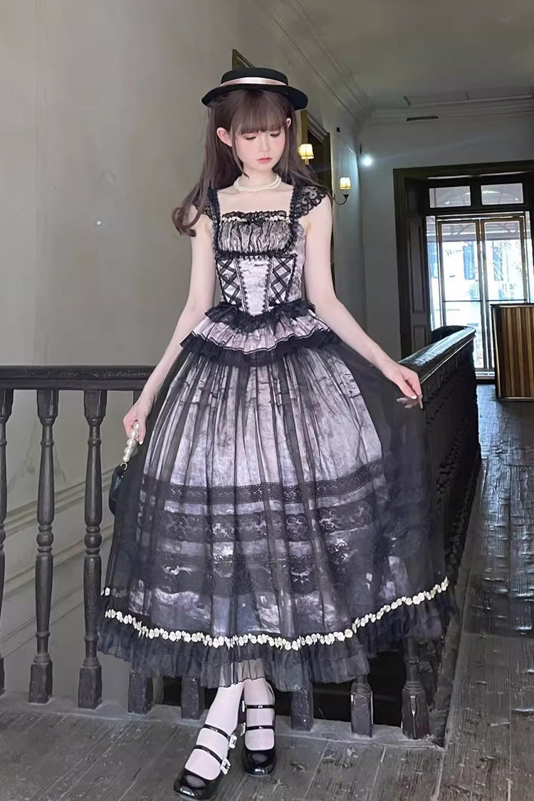 Sweet Lolita JSK - Mist-shrouded Vineyard, 2 Colors, Bow Detail, Lace Trim, Ruffled - main product image