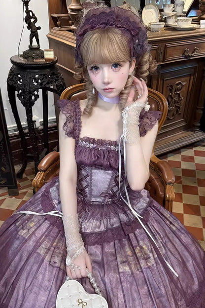 Sweet Lolita JSK - Mist-shrouded Vineyard, Purple, Lace-Up, Bow Detail, Lace Trim - additional product view 2