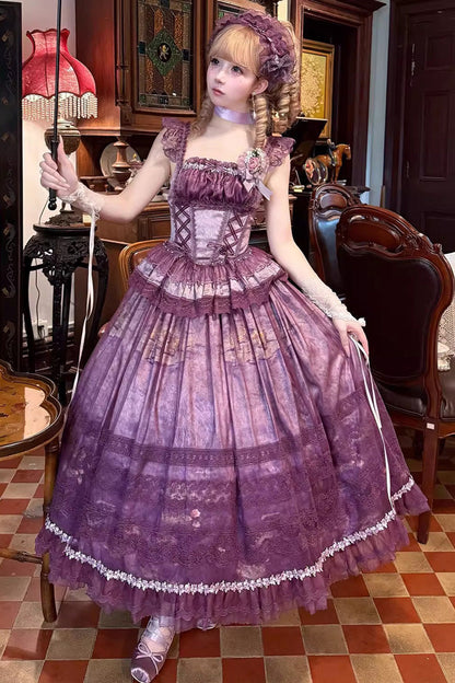 Sweet Lolita JSK - Mist-shrouded Vineyard, Purple, Lace-Up, Bow Detail, Lace Trim - additional product view 5