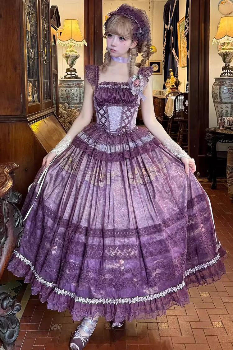 Sweet Lolita JSK - Mist-shrouded Vineyard, Purple, Lace-Up, Bow Detail, Lace Trim - main product image