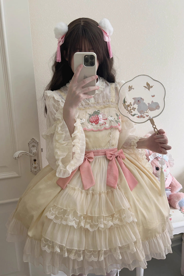 Sweet Lolita JSK - Moon Rabbit, 2 Colors, Ruffled, Embroidered, Bow Detail - S Apricot / M Apricot / L Apricot option