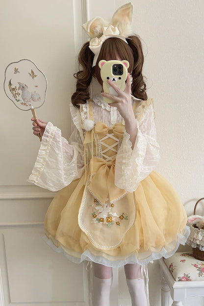 Sweet Lolita JSK - Moon Rabbit Shadow, Yellow, Embroidered, Bow Detail, Lace Trim - main product image