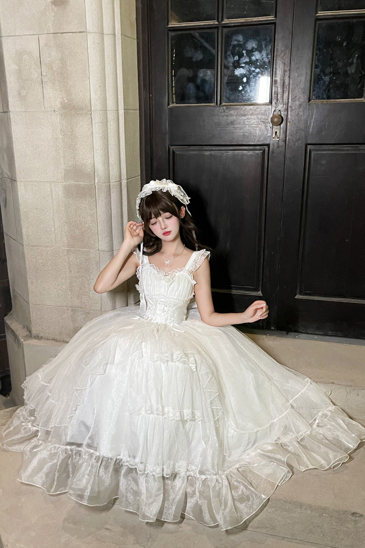 Sweet Lolita JSK - Moonlight Sonata, White, Lace Trim, Ruffled, Bow Detail - additional product view 6