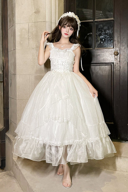 Sweet Lolita JSK - Moonlight Sonata, White, Lace Trim, Ruffled, Bow Detail - main product image