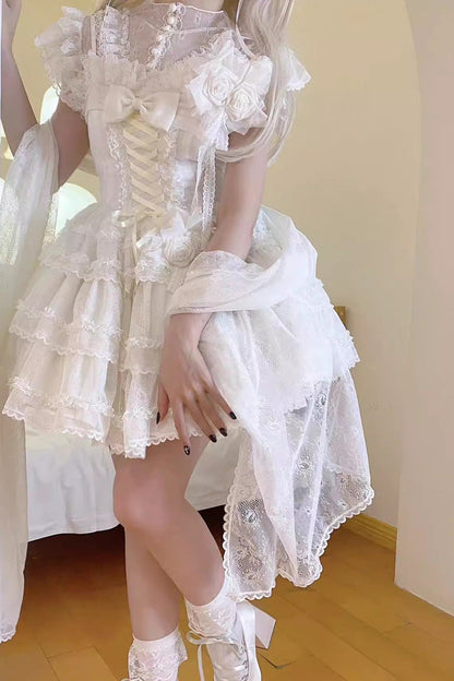 Sweet Lolita JSK - Moonlight, White, Bow Detail, Lace Trim, Ruffled - additional product view 4