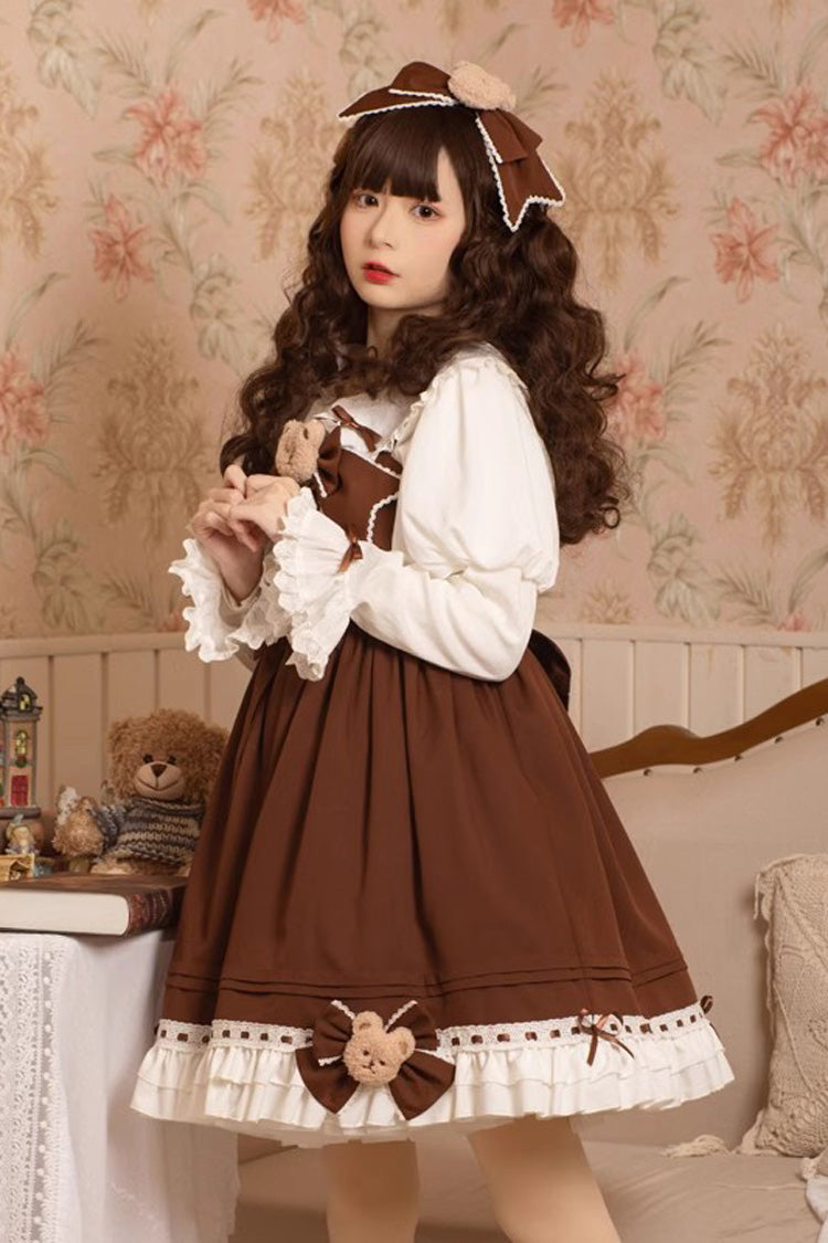 Sweet Lolita JSK - Mousse Bear, Brown, Bow Detail, Ruffled - Tea Party Jumper Dress - additional product view 4