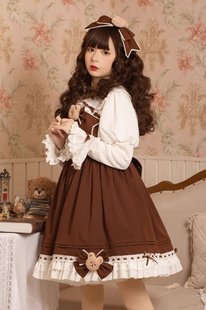 Sweet Lolita JSK - Mousse Bear, Brown, Bow Detail, Ruffled - Tea Party Jumper Dress - additional product view 4