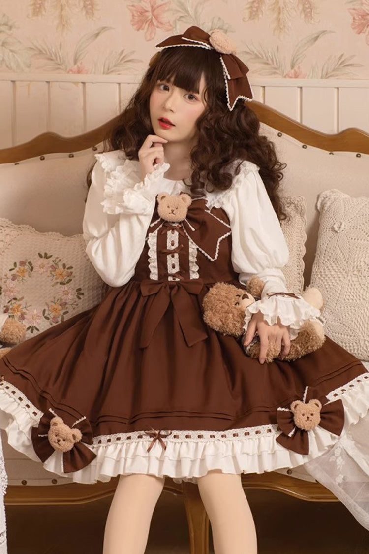 Sweet Lolita JSK - Mousse Bear, Brown, Bow Detail, Ruffled - Tea Party Jumper Dress - additional product view 5