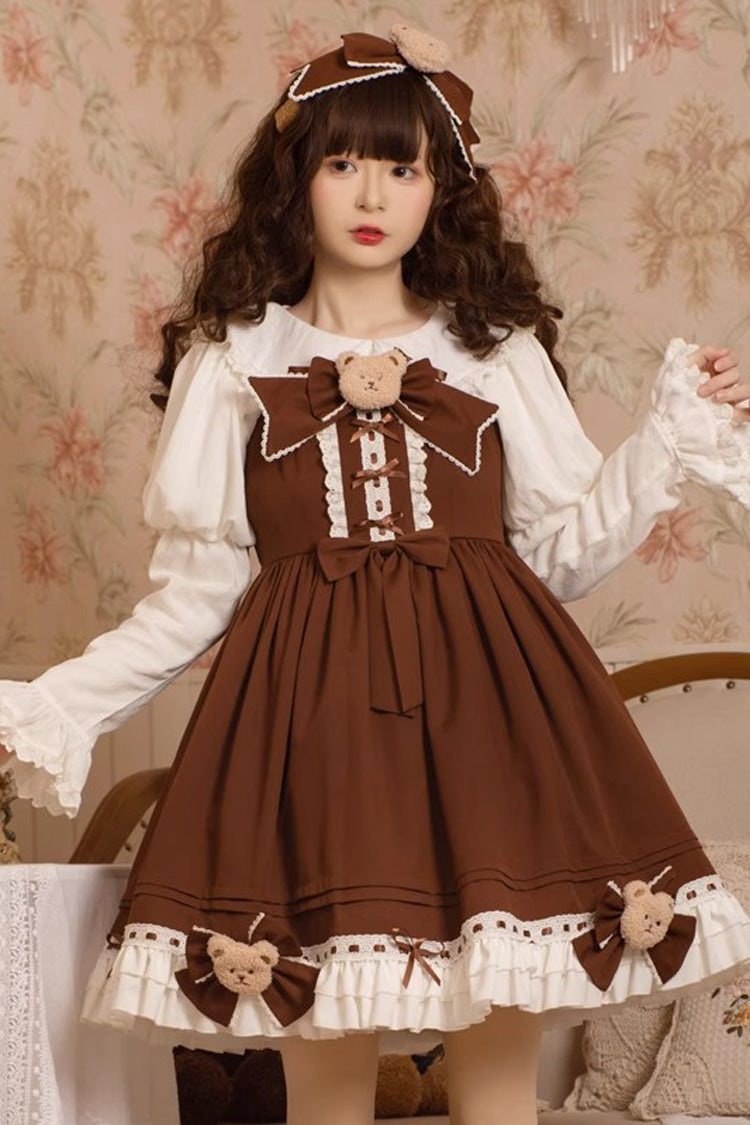 Sweet Lolita JSK - Mousse Bear, Brown, Bow Detail, Ruffled - Tea Party Jumper Dress - main product image