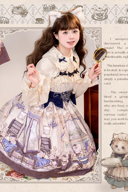 Sweet Lolita JSK - Multi-color Cat Manor Print, Multi-Color, Embroidered, Bow Detail - additional product view 2