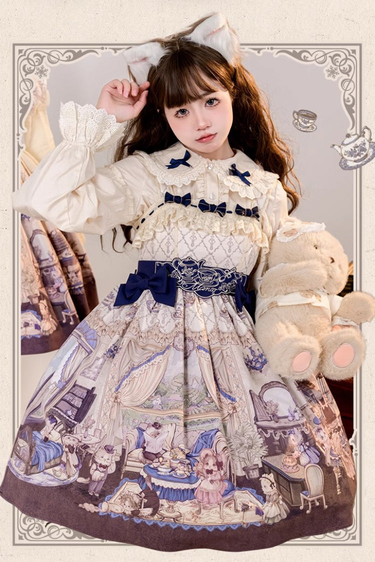 Sweet Lolita JSK - Multi-color Cat Manor Print, Multi-Color, Embroidered, Bow Detail - additional product view 5