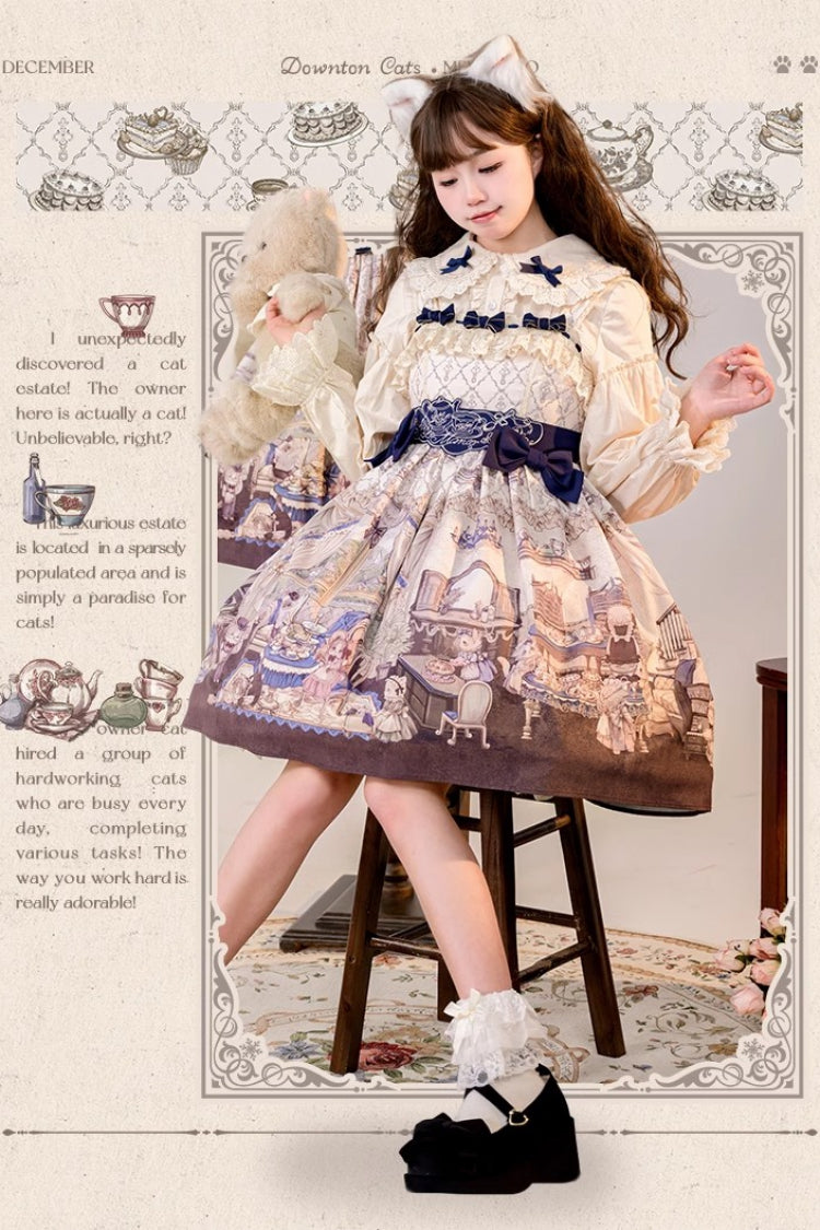 Sweet Lolita JSK - Multi-color Cat Manor Print, Multi-Color, Embroidered, Bow Detail - additional product view 6