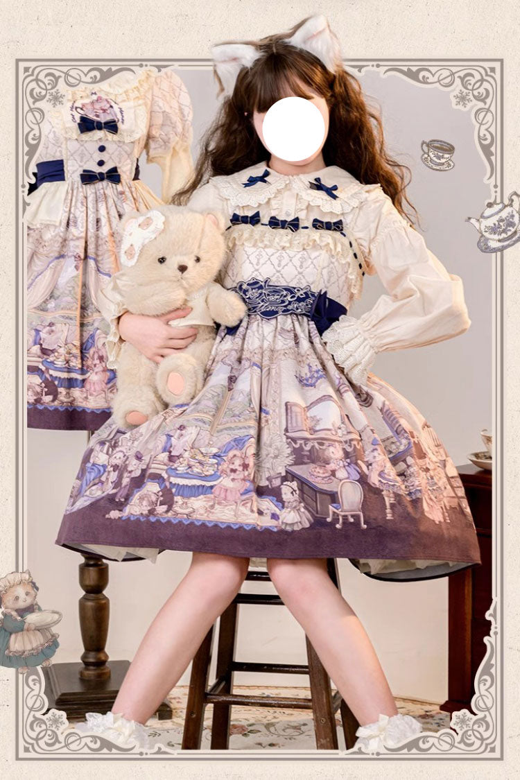 Sweet Lolita JSK - Multi-color Cat Manor Print, Multi-Color, Embroidered, Bow Detail - main product image