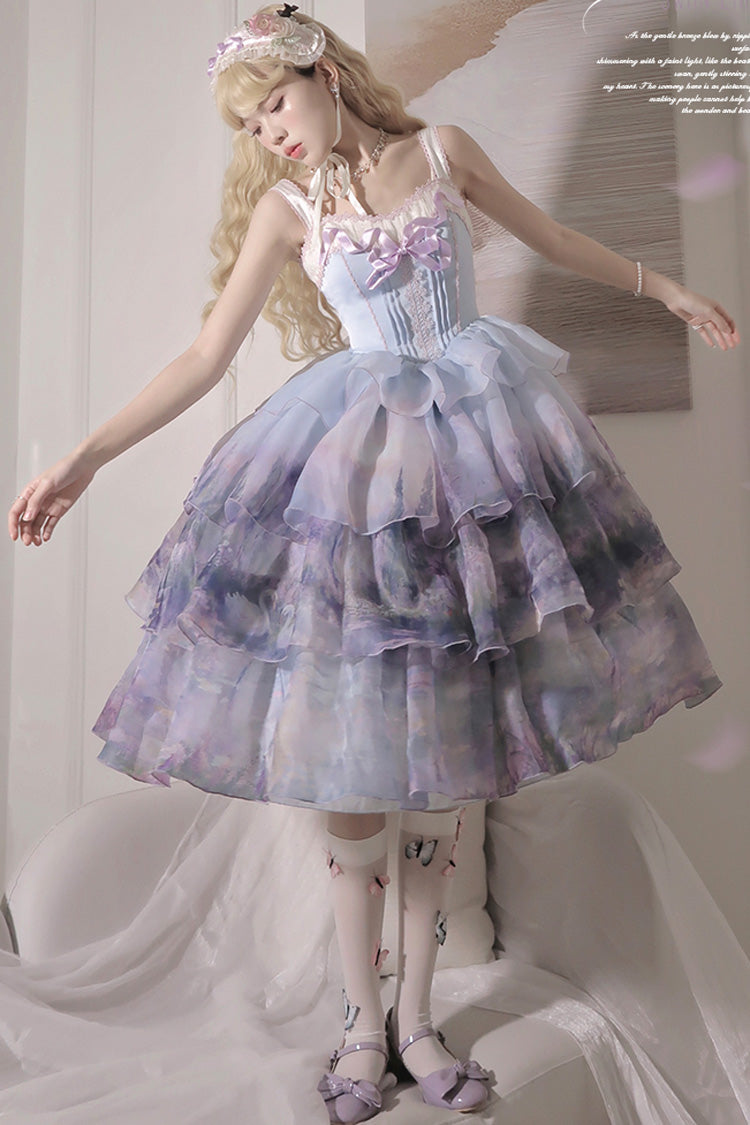Sweet Lolita JSK - Multi-color Three-layer Swan, Multi-Color, Ruffled, Printed, Bow Detail - additional product view 2
