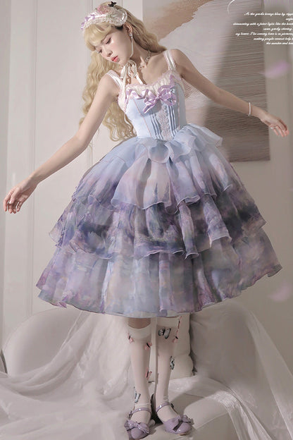 Sweet Lolita JSK - Multi-color Three-layer Swan, Multi-Color, Ruffled, Printed, Bow Detail - additional product view 2