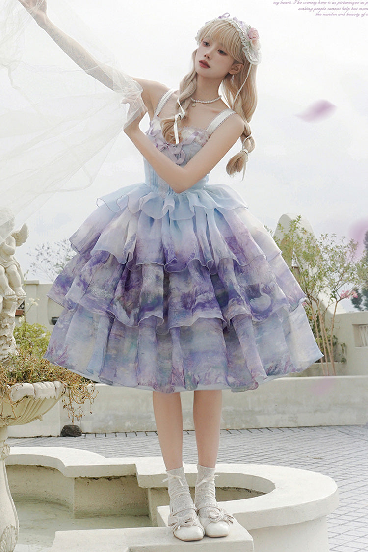 Sweet Lolita JSK - Multi-color Three-layer Swan, Multi-Color, Ruffled, Printed, Bow Detail - additional product view 3