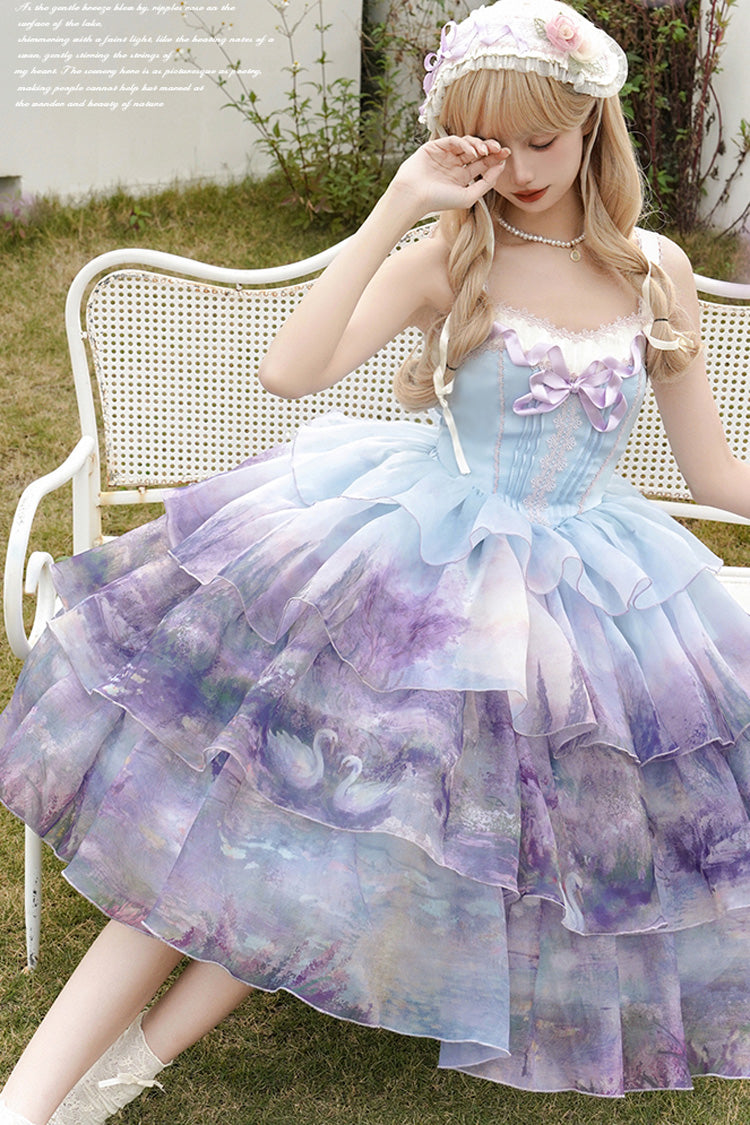 Sweet Lolita JSK - Multi-color Three-layer Swan, Multi-Color, Ruffled, Printed, Bow Detail - additional product view 4