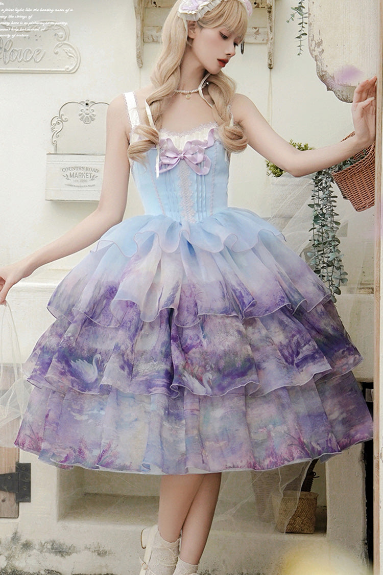 Sweet Lolita JSK - Multi-color Three-layer Swan, Multi-Color, Ruffled, Printed, Bow Detail - additional product view 6
