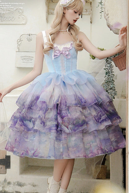 Sweet Lolita JSK - Multi-color Three-layer Swan, Multi-Color, Ruffled, Printed, Bow Detail - additional product view 6