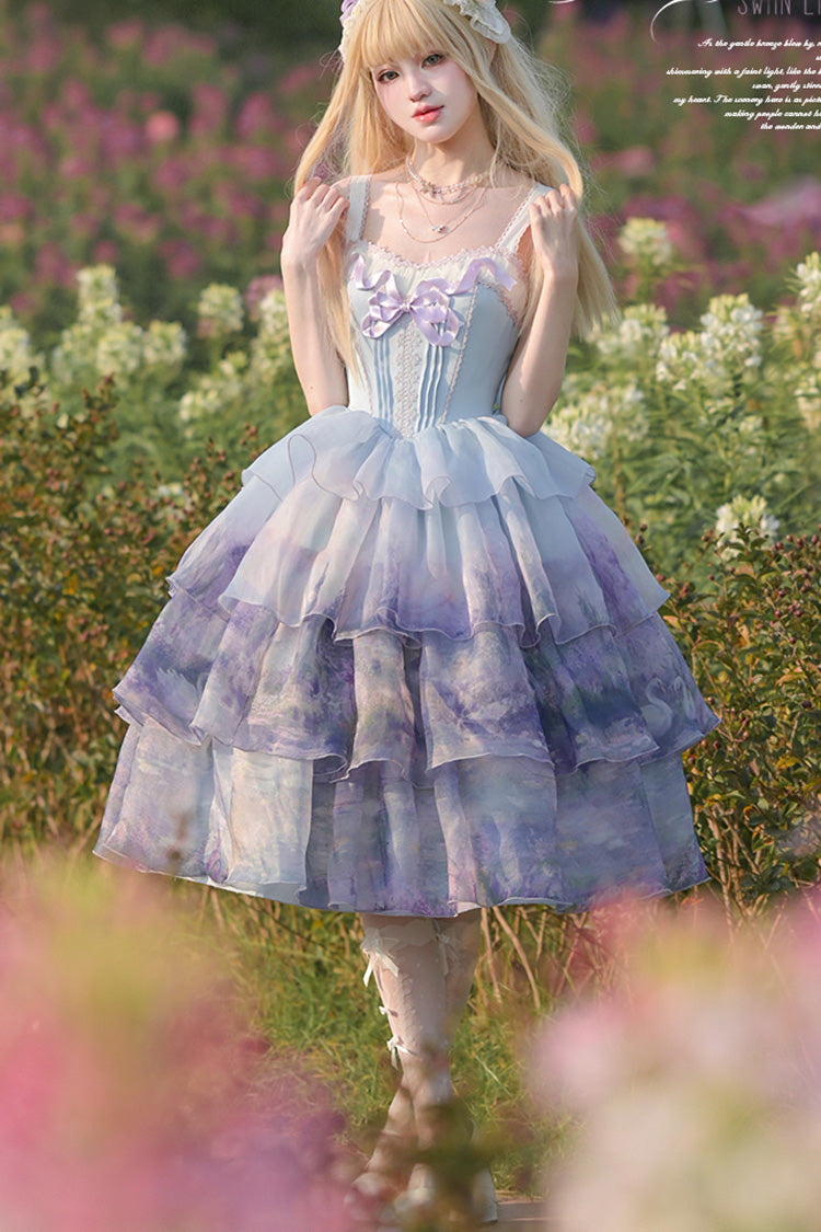 Sweet Lolita JSK - Multi-color Three-layer Swan, Multi-Color, Ruffled, Printed, Bow Detail - additional product view 7