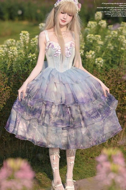 Sweet Lolita JSK - Multi-color Three-layer Swan, Multi-Color, Ruffled, Printed, Bow Detail - additional product view 10