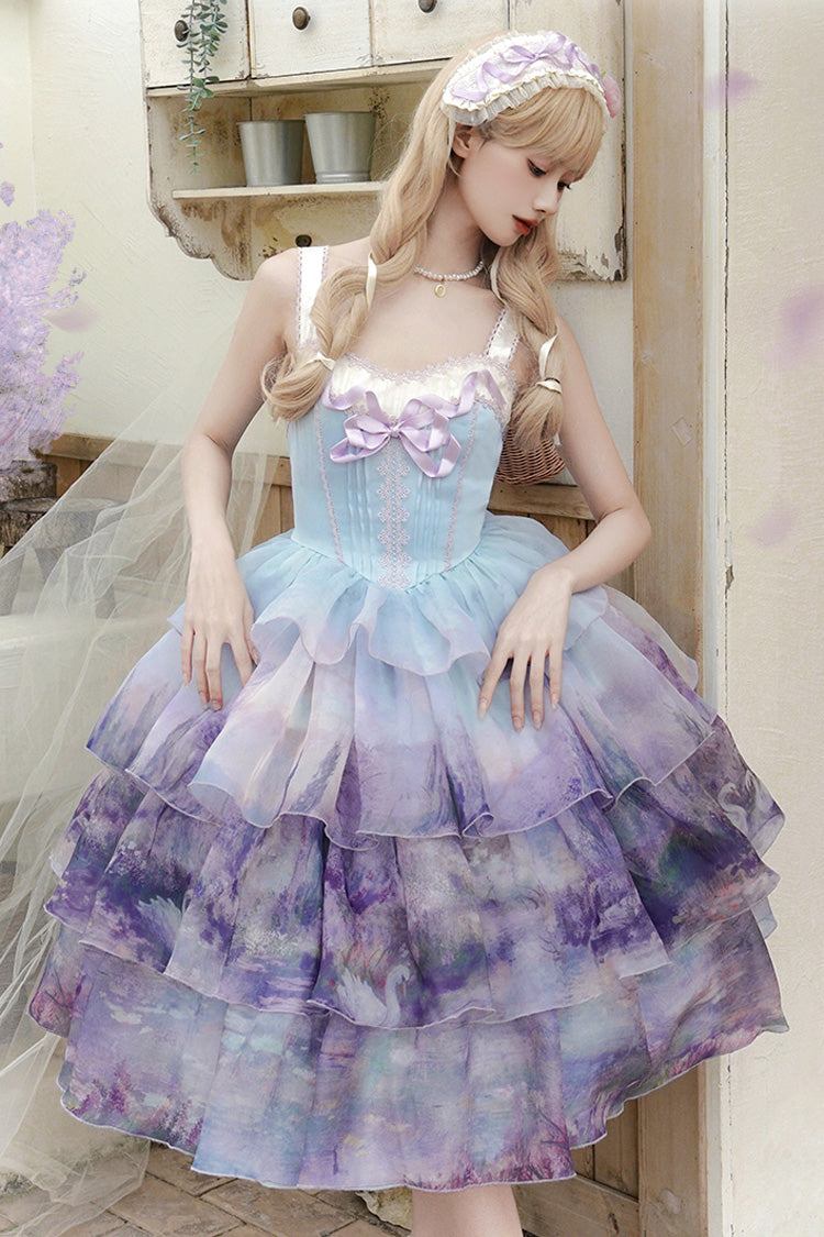 Sweet Lolita JSK - Multi-color Three-layer Swan, Multi-Color, Ruffled, Printed, Bow Detail - main product image