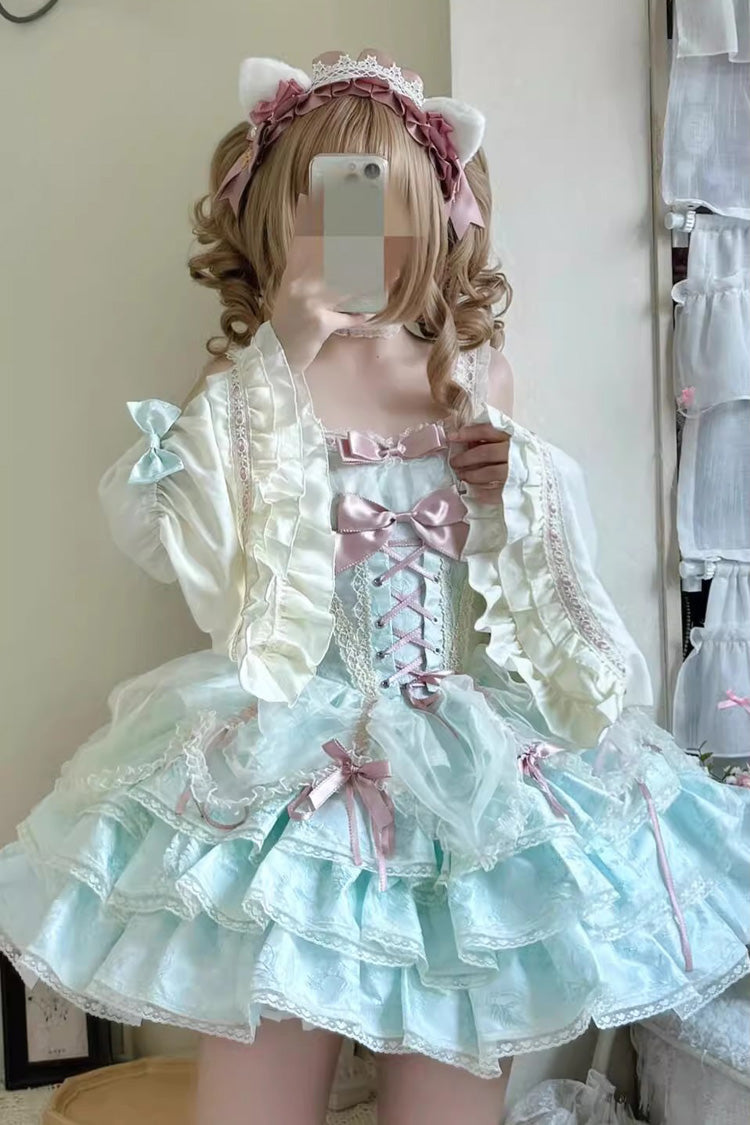 Sweet Lolita JSK - Multi-layer Ruffle Bowknot, Green, Lace Trim, Ruffled, Lace-Up - additional product view 2