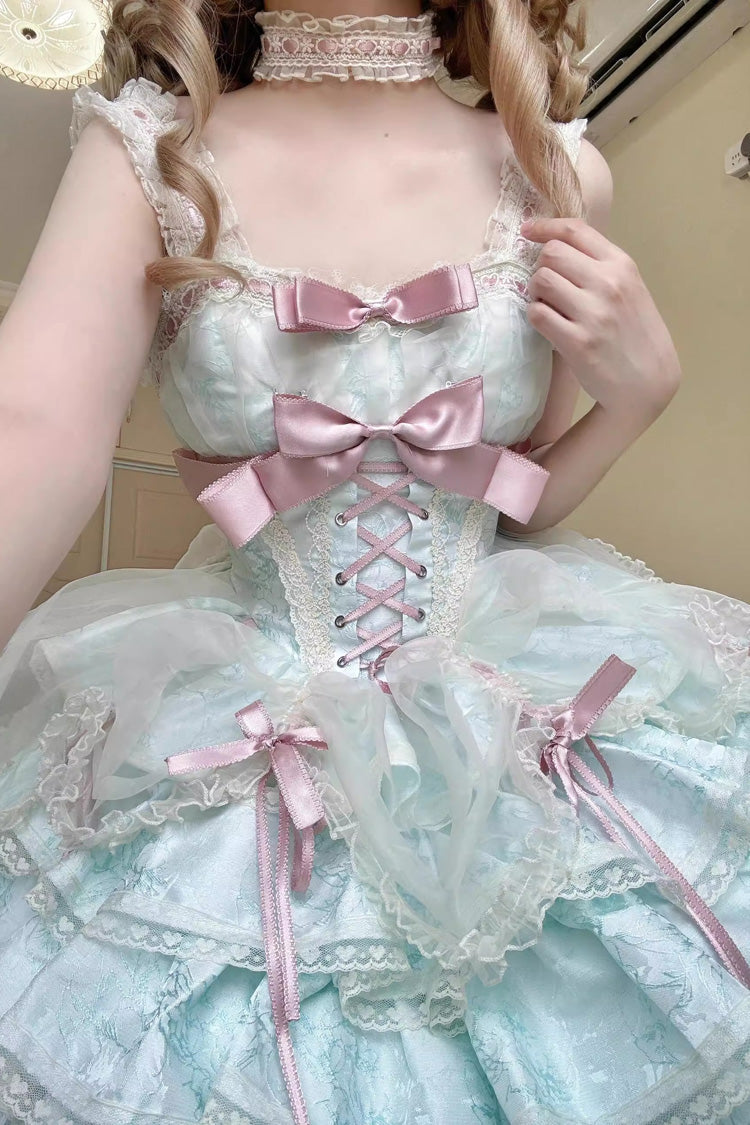 Sweet Lolita JSK - Multi-layer Ruffle Bowknot, Green, Lace Trim, Ruffled, Lace-Up - additional product view 3