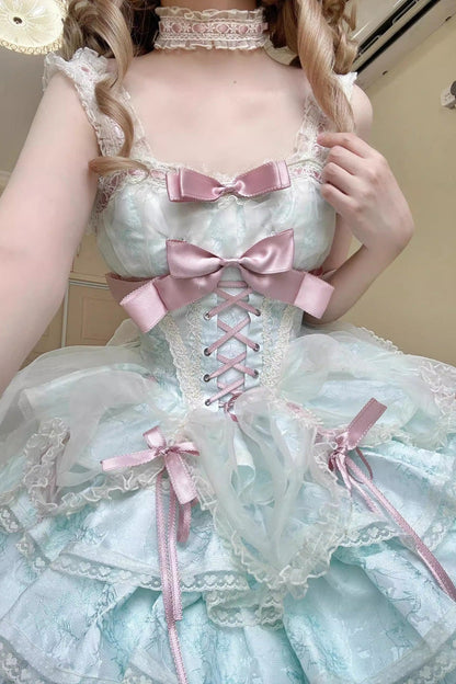 Sweet Lolita JSK - Multi-layer Ruffle Bowknot, Green, Lace Trim, Ruffled, Lace-Up - additional product view 3