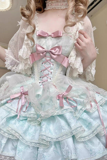 Sweet Lolita JSK - Multi-layer Ruffle Bowknot, Green, Lace Trim, Ruffled, Lace-Up - additional product view 4