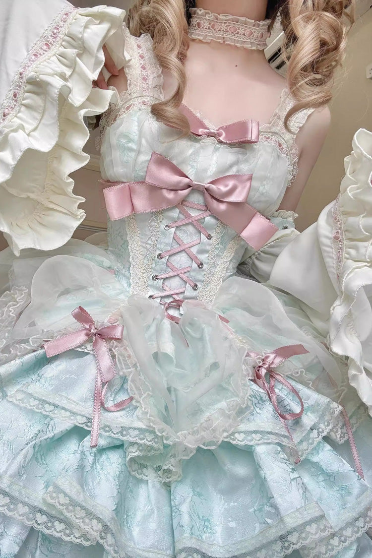 Sweet Lolita JSK - Multi-layer Ruffle Bowknot, Green, Lace Trim, Ruffled, Lace-Up - additional product view 5
