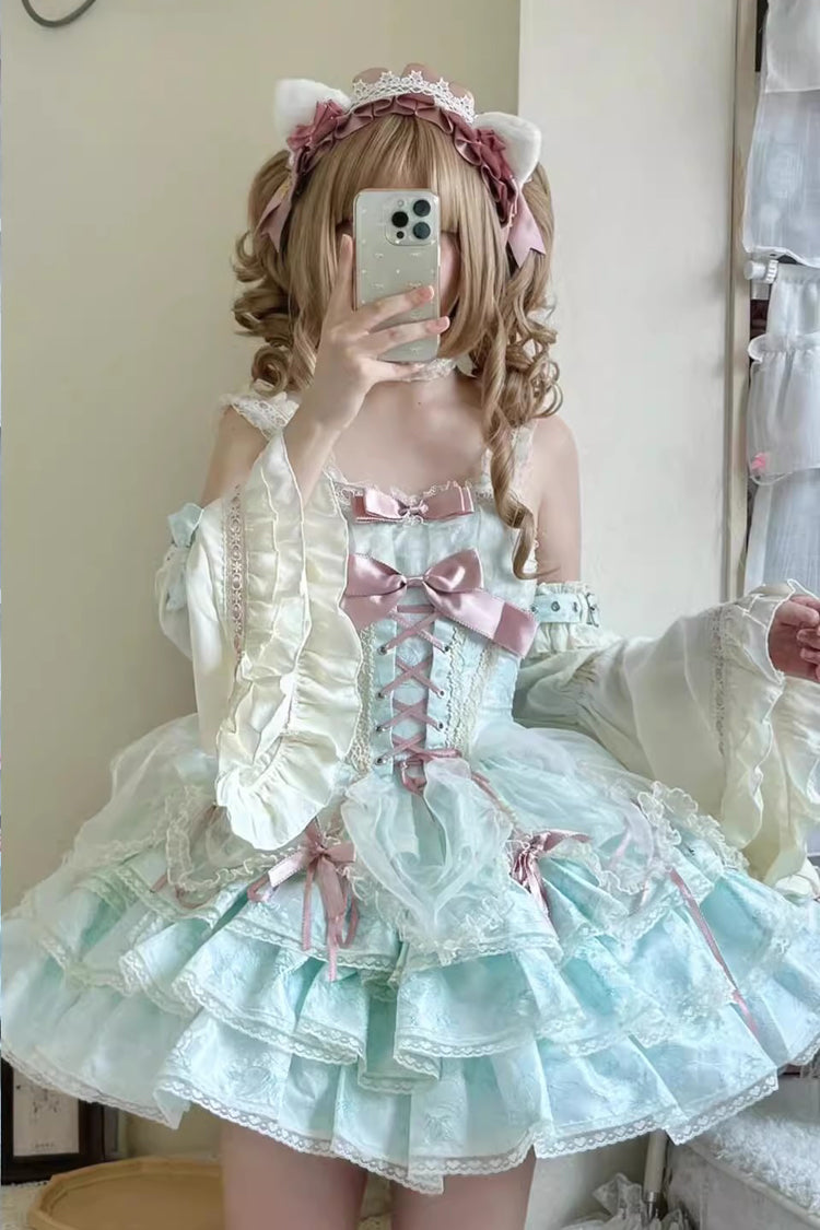 Sweet Lolita JSK - Multi-layer Ruffle Bowknot, Green, Lace Trim, Ruffled, Lace-Up - additional product view 6