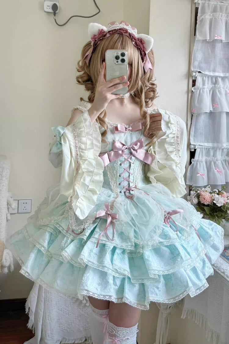 Sweet Lolita JSK - Multi-layer Ruffle Bowknot, Green, Lace Trim, Ruffled, Lace-Up - main product image