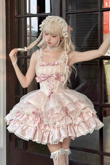 Sweet Lolita JSK - Multi-layer Ruffle Bowknot, Pink, Ruffled, Lace-Up, Bow Detail - additional product view 2