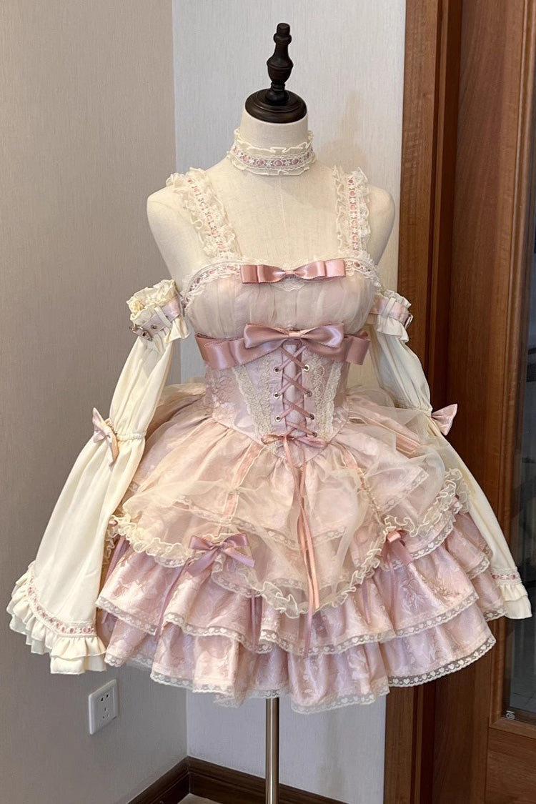 Sweet Lolita JSK - Multi-layer Ruffle Bowknot, Pink, Ruffled, Lace-Up, Bow Detail - additional product view 3