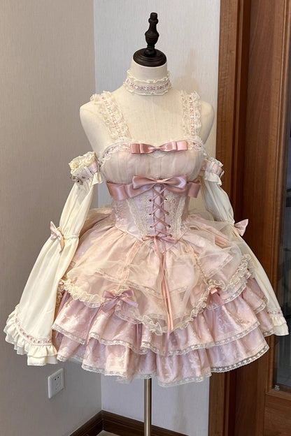 Sweet Lolita JSK - Multi-layer Ruffle Bowknot, Pink, Ruffled, Lace-Up, Bow Detail - additional product view 3
